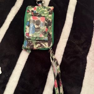 Green multicolour coin purse card holder wristlet clip on